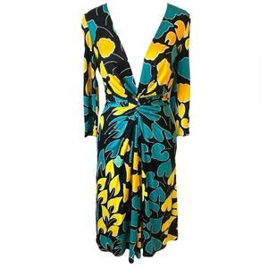 Issa London Printed Silk V-Neck Dress Blue Yellow Black Size 6